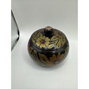 Artisan Made Lacquered Wood Floral Themed Trinket Keeper with Lid‎ Gently Used